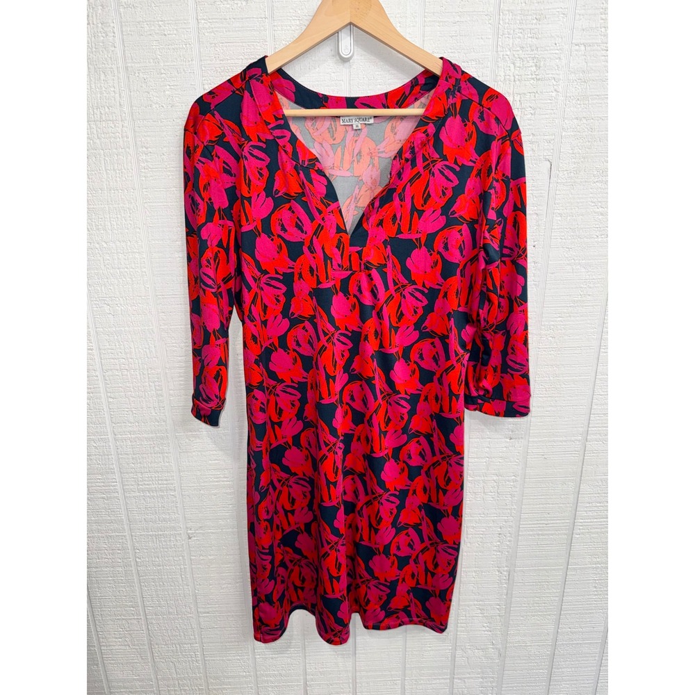 Mary Square Shift Dress Womens Red Pink Abstract Floral V-Neck 3/4 Sleeve Size M